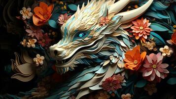 Japanese dragon, in the style of detailed multi-layered compositions, close-up, colorful bright background. ai generative art photo