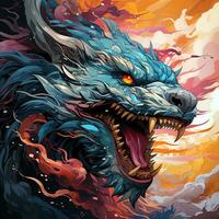 Fantastical dragon in cartoon style, fantastic character, colorful bright background.ai generative art photo