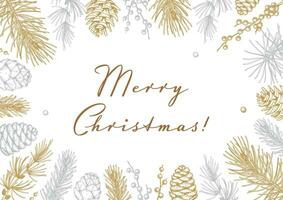 Merry Christmas and Happy New Year horizontal greeting card with hand drawn golden fir tree brandhes and cones. Vector illustration in sketch style. Festive background