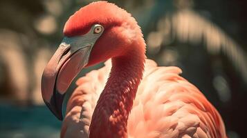 Close up portrait of pink American flamingo birds in the water. AI Generated. photo