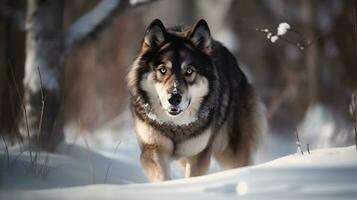 Wolf walking, observe, and hunting in the snowy woods in winter.  AI Generated. photo