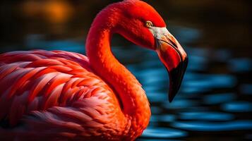 Close up portrait of Red American flamingo birds in the water. AI Generated. photo