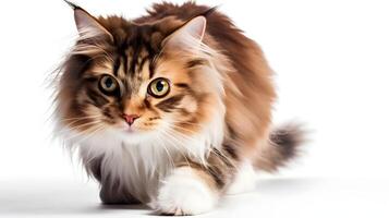 Exotic Norwegian Forest Cat breed pet walking isolated on whites studio shot. AI Generated. photo