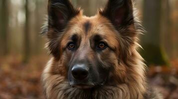 Close up brown black Old German Shepherd Dog stand, stare and look at the camera, dog guarding, playing in the nature woods background. AI Generated photo