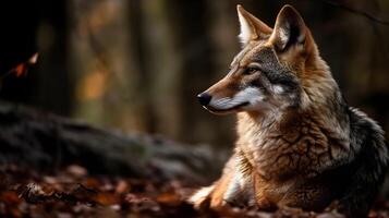 lobo sentarse, observar, y relajarse en el bosque, bosque antecedentes. ai generado. foto