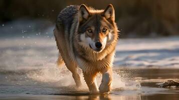 Wolf walking in the river side and getting wet. AI Generated. photo
