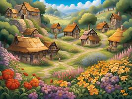 cartoon landscape with a village in the mountains photo