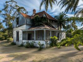 tropical jungle abandoned house with green trees photo