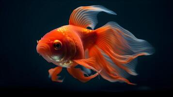 Close up of orange fantail goldfish breed swimming low light isolated on dark background. AI Generated. photo