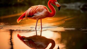 Red American flamingo birds in the water and reflection evening sunset. AI Generated. photo