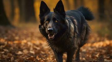 Black Old German Shepherd Dog walk and look at something, dog tongue out, playing in the woods, autumn season. AI Generated photo