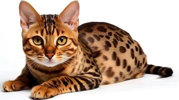 Exotic bengal cat breed pet sitting and pose look at the camera isolated on whites studio shot. AI Generated. photo