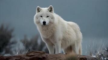 Close up of white Siberian Husky dog sit and relax enjoy the nature, looking at something, on top of the mountain cliff, nature background, winter season. AI Generated photo