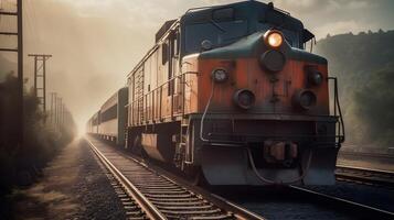 Locomotive passenger train railway on a rail road. AI Generated. photo