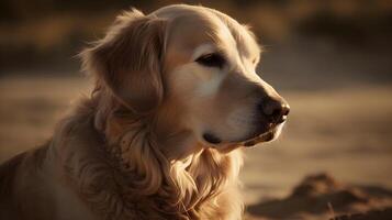 cerca arriba hermosa blanco dorado perdiguero perro sentarse, mirando y curioso a alguna cosa con naturaleza antecedentes. ai generado foto