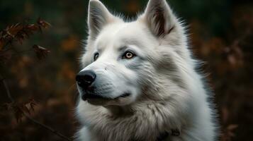 Close up of white Siberian Husky dog looking at something, nature background. AI Generated photo