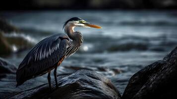 genial azul garza en pie a el río a captura pez. ai generado. foto