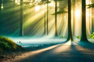 Deep forest and a ray of light from the morning sun with mystical fog nature background. AI Generated photo