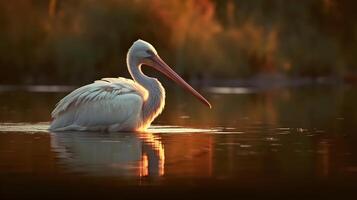 Beautiful American white pelican bird floating at the lake. AI Generated. photo