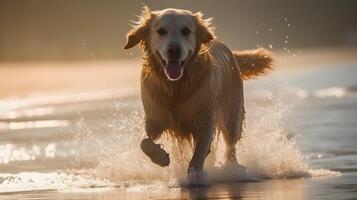 Beautiful blonde golden retriever dog walking running and playing at the beach shore. AI Generated photo