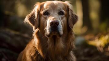 Close up beautiful blonde golden retriever dog explore walking and standing in the woods, nature background. AI Generated photo