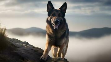 marrón negro antiguo alemán pastor perro pararse, mirar fijamente y Mira a el cámara, buscar y rescate misión a el parte superior de montaña. ai generado foto