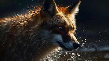 Close up face of red fox getting wet after coming out from the water. AI Generated. photo