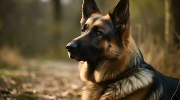 Brown black Old German Shepherd Dog sit stare and look at something, playing in the woods nature background. AI Generated photo