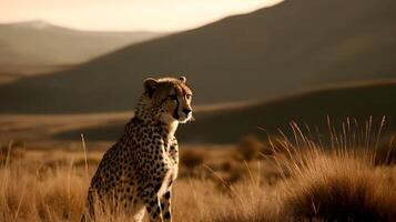 Ferocious carnivore leopard sit and stare straight forward at something at the savannah desert background. and . photo