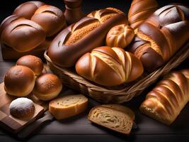 fresh baked buns in basket on table photo