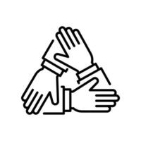 Four hands support each other. Collaboration teamwork thin line stroke. Support, Business friendship and partnership sign. unity in diversity. Vector illustration. Design on white background. EPS10