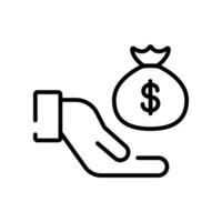 Save money icon, salary money in bag. Hand holding dollar. Give charity and donation. Saving investment. Pay and give deposit. Thin line Vector illustration Design on white background. EPS10