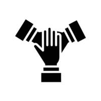 Three hands support each other. team hands together icon. Business concept. teamwork partnership. Solid, Simple pictogram stroke. vector illustration Design on white background EPS10