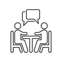 personas sentado alrededor a el mesa hablando icono. hombres que se discute y tiene comunicación. conferencia trabajo en equipo y camaradería. línea, ataque, de moda vector ilustración. diseño en blanco antecedentes. eps10