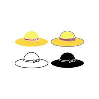 Yellow hat for sun protection headwear with ribbon. Woman summer hat, Girl sun cap for beach and summer vacation accessory icon. Vector illustration. Design on white background. EPS10