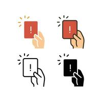 Hand holding card with exclamation mark for error card symbol. Penalty proof, Soccer or football referees hand with foul card warning icon. Vector illustration Design on white background. EPS10