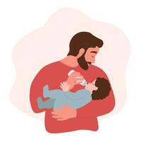 Dad feeds baby from a bottle. A father with a beard holds a small child in his arms. Vector flat graphics.