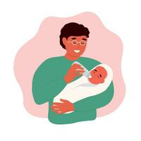 Father feeds baby from a bottle. The parent takes care of the child. Happy family. Vector flat graphics.
