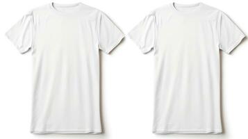 Mockup for design. White t-shirts front and back for design. Isolated on white background. With copy space. Layout, template for design. Clothing store, magazine, booklet, poster. AI generated photo