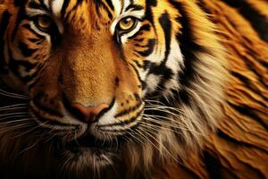 Tigre cabeza cerca arriba. el Tigre mira a el cámara. mirada. macro. depredador Tigre rostro. un hermoso, noble, majestuoso salvaje bestia. peligroso grande gato. hermosa antecedentes ai generado foto