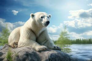 White polar bear. A bear close-up lies on a rock above the river against the blue sky. White fur, black eyes, the bear smiles. Beautiful kind bear cub. Cozy background. Animal AI generated photo