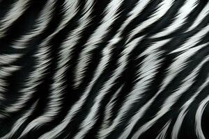 Zebra fur texture. Striped black white fluffy zebra fur. Close-up. Copy space. Long soft cozy wool. Warm blanket, carpet, blanket, bedspread. Layout for design. AI generated photo