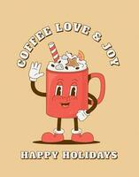 Christmas retro cartoon coffee cup character poster. Vintage latte mug mascot vector illustration. Card, banner, print for caffee, restarant, bar