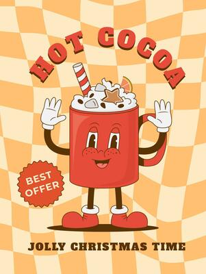 Funny retro cartoon 70s Christmas cocoa cup character. Hot drink Xmas mascot in groovy style vector illustration. Happy New year. Vintage poster, print, greeting card for cafe. Nostalgia 1970s, 60s