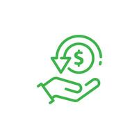 eps10 vector cashback line art icon, return money, cash back rebate, thin outline green web symbol isolated on white background.