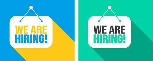 We are hiring job vacancy long shadow banner, poster and social media post template. business concept of search and recruitment. join our team announcement lettering in speech. Vector Illustration.