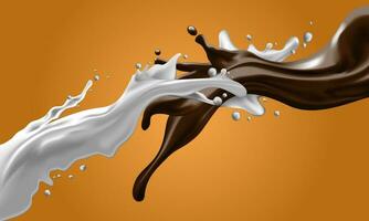 Milk and chocolate splashes dynamic flow mixed on yellow background vector