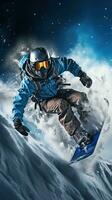 Snowboarding. emocionante saltos y trucos en Nevado terreno foto