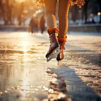 hielo Patinaje. elegancia y precisión en glacial superficies foto