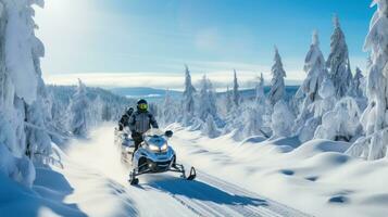 motos de nieve. aventurero paseos mediante Nevado terreno foto